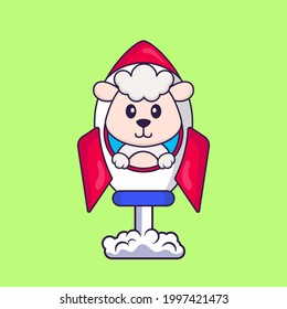 Cute sheep flying on rocket. Animal cartoon concept isolated. Can used for t-shirt, greeting card, invitation card or mascot.