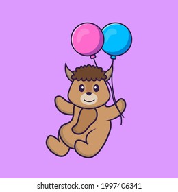 Cute sheep flying with two balloons. Animal cartoon concept isolated. Can used for t-shirt, greeting card, invitation card or mascot.