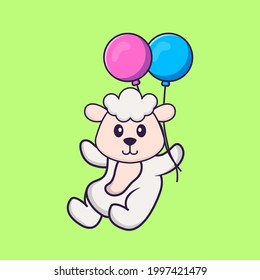 Cute sheep flying with two balloons. Animal cartoon concept isolated. Can used for t-shirt, greeting card, invitation card or mascot.