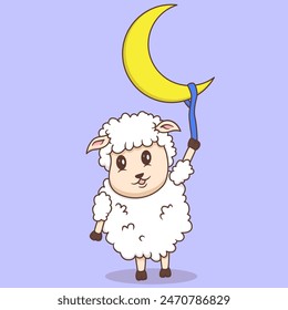 Cute Sheep Fying to the Mooon Cartoon Vector Icon Illustration