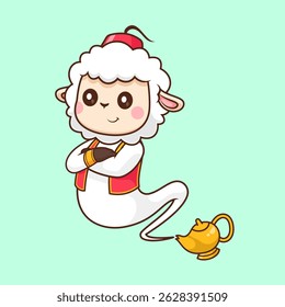 Cute Sheep Genie In Lamp Cartoon Vector Icon Illustration. Animal Holiday Icon Concept Isolated Premium Vector. Flat Cartoon Style