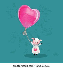 Cute sheep with giant heart shaped balloon.