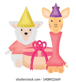 cute sheep and giraffe with gift in birthday party