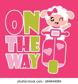 Cute sheep girl drives motorcycle vector cartoon illustration for kid t shirt design, nursery wall, and wallpaper
