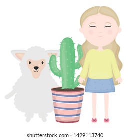 cute sheep and girl with exotic cactus in ceramic pot