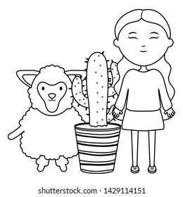 cute sheep and girl with exotic cactus in ceramic pot