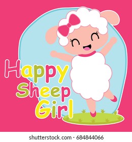 Cute sheep girl is happy vector cartoon illustration for kid t shirt design, nursery wall, and wallpaper