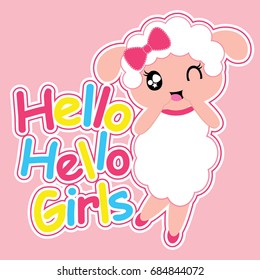 Cute sheep girl says hello girls vector cartoon illustration for kid t shirt design, nursery wall, and wallpaper