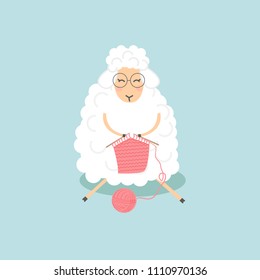 Cute Sheep with glasses is knitting. Sitting with hobby little adorable woolen animal cartoon. Vector illustration
