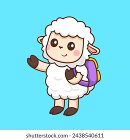 Cute Sheep Go To School Cartoon Vector Icon Illustration. Animal Education Icon Concept Isolated Premium Vector. Flat Cartoon Style