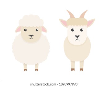 Cute sheep and goat character set. Cartoon farm animals collection. Vector illsutration isolated on white