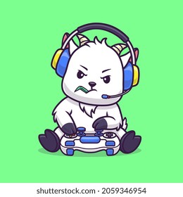 Cute Sheep Goat Playing Game Cartoon Vector Icon Illustration. Animal Technology Icon Concept Isolated Premium Vector. Flat Cartoon Style