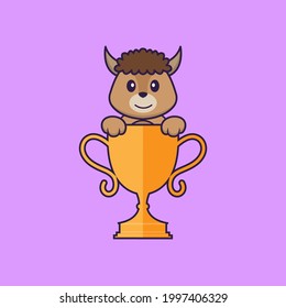 Cute sheep with gold trophy. Animal cartoon concept isolated. Can used for t-shirt, greeting card, invitation card or mascot.