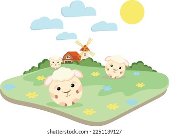 Cute Sheep graze on the field near a farm, the sun is shining above them and clouds are floating in the sky.