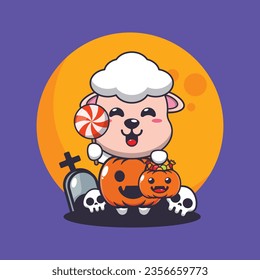 Cute sheep with halloween pumpkin costume. Cute halloween cartoon illustration.