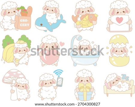 Cute sheep hand drawn emotes icon. Baby sheep illustration activites. Funny sheep clip art elements. Sheep in the variation of random activity