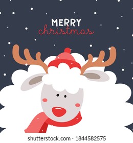 Cute sheep in a hat and scarf with deer antlers. New Year. Merry Christmas. Lamb with a red nose. Snowflakes, snow, dark background. Printing on a poster, postcard, clothing.