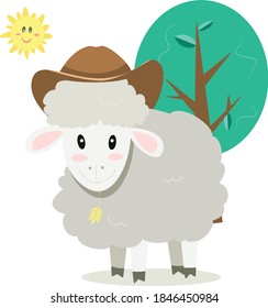 
cute sheep in hat with straw in mouth on wood background, isolated vector image of cartoon farm animal