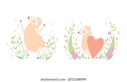 Cute Sheep Having Fun on Green Lawn Set, Adorable Little Fluffy Lamb Farm Animal in Pastel Colors Cartoon Vector Illustration