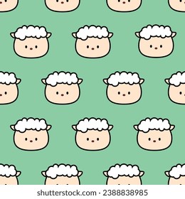 Cute Sheep Head Cartoon with Black Outline Seamless Pattern for Kids Background, Wallpaper, Fabric Textile, Pillow Case, Book Cover, Packaging Design, etc. Farm Animal Doodle Printable Design Element