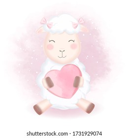 Cute sheep and heart hand drawn animal illustration