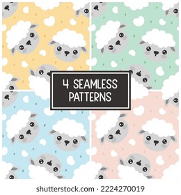 cute sheep with hearts pastel colors 4 kids seamless patterns set. Pink, green, blue, yellow wrapper baby products design. Colorful children fabric and textile bundle.