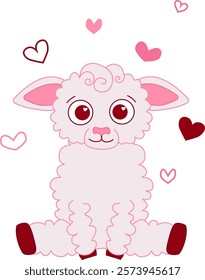 Cute sheep with hearts pink vector graphic line illustration. isolates composition on transparent background
