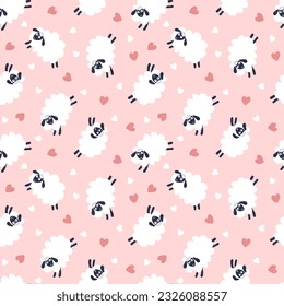 Cute sheep and hearts. Seamless pattern, vector illustration