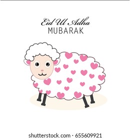 Cute sheep with hearts vector. Islamic festival of sacrifice, eid ul adha celebration greeting card