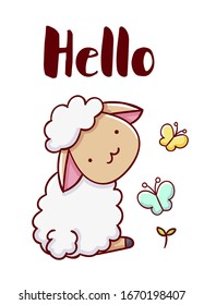 Cute sheep, hello, flower, illustration design, hand drawn isolated on white background print