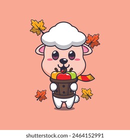 Cute sheep holding a apple in wood bucket. Mascot cartoon vector illustration suitable for poster, brochure, web, mascot, sticker, logo and icon.