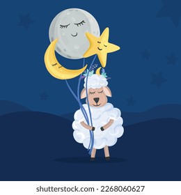 La linda oveja sostiene globos - luna y estrella al estilo de las caricaturas. Buenas noches, ilustración infantil. Vector