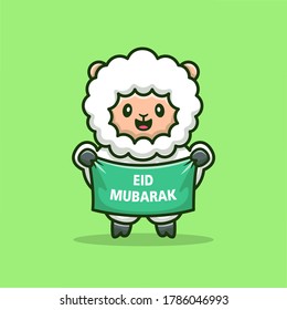 Cute Sheep Holding Banner Eid Mubarak Cartoon Vector Icon Illustration. Animal Religion Icon Concept Isolated Premium Vector. Flat Cartoon Style