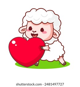 Oveja linda que sostiene el gran amor corazón Caricatura Personaje. Adorable y Kawaii Animal Ilustración vectorial. Fondo blanco aislado. Diseño de Concepto de Mascota de Icono.