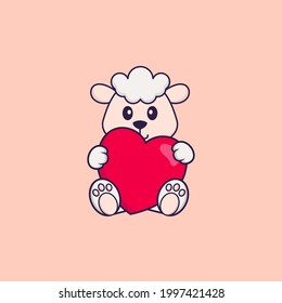 Cute sheep holding a big red heart. Animal cartoon concept isolated. Can used for t-shirt, greeting card, invitation card or mascot.