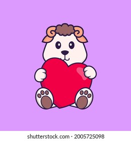 Cute sheep holding a big red heart. Animal cartoon concept isolated. Can used for t-shirt, greeting card, invitation card or mascot.
