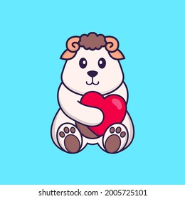 Corderos cortos con un gran corazón rojo. El concepto de caricatura animal aislado. Puede usarse para camisetas, tarjetas de felicitación, tarjetas de invitación o mascota.