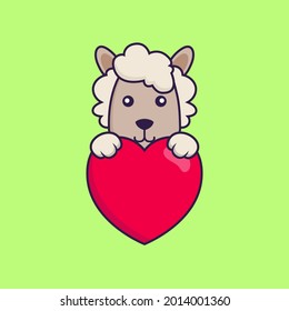 Cute sheep holding a big red heart.