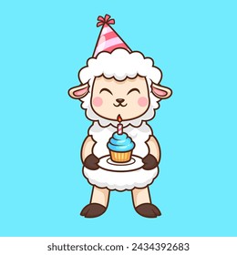 Cute Sheep Holding Birthday Cake Cartoon Vector Icon Illustration. Animal Food Icon Concept Isolated Premium Vector. Flat Cartoon Style