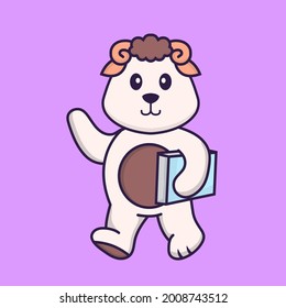 Cute sheep holding a book. Animal cartoon concept isolated. Can used for t-shirt, greeting card, invitation card or mascot.