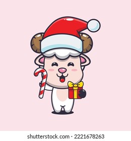 Cute sheep  holding christmas candy and gift. Cute christmas cartoon illustration. 