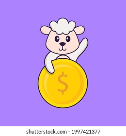 Cute sheep holding coin. Animal cartoon concept isolated. Can used for t-shirt, greeting card, invitation card or mascot.