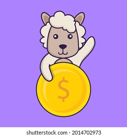 Cute sheep holding coin. Vector Illustration