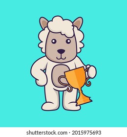 Cute sheep holding gold trophy.