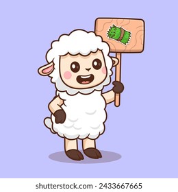 Cute Sheep Holding Grass Board Cartoon Vector Icon Illustration. Animal Nature Icon Concept Isolated Premium Vector. Flat Cartoon Style
