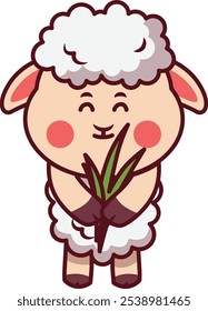 Cute Sheep Holding Grass Illustration