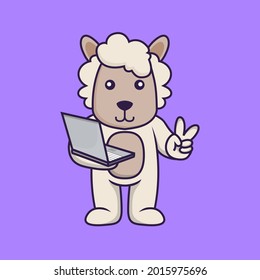 Cute sheep holding laptop. Vector illustration