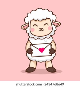 Cute Sheep Holding Love Envelope Cartoon Vector Icon Illustration. Animal Education Icon Concept Isolated Premium Vector. Flat Cartoon Style