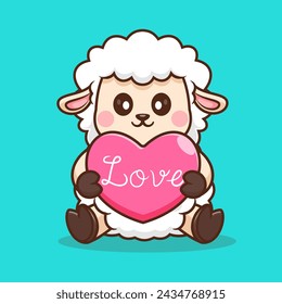 Cute Sheep Holding Love Heart Balloon Cartoon Vector Icon Illustration. Animal Holiday Icon Concept Isolated Premium Vector. Flat Cartoon Style