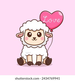 Cute Sheep Holding Love Heart Balloon Cartoon Vector Icon Illustration. Animal Holiday Icon Concept Isolated Premium Vector. Flat Cartoon Style